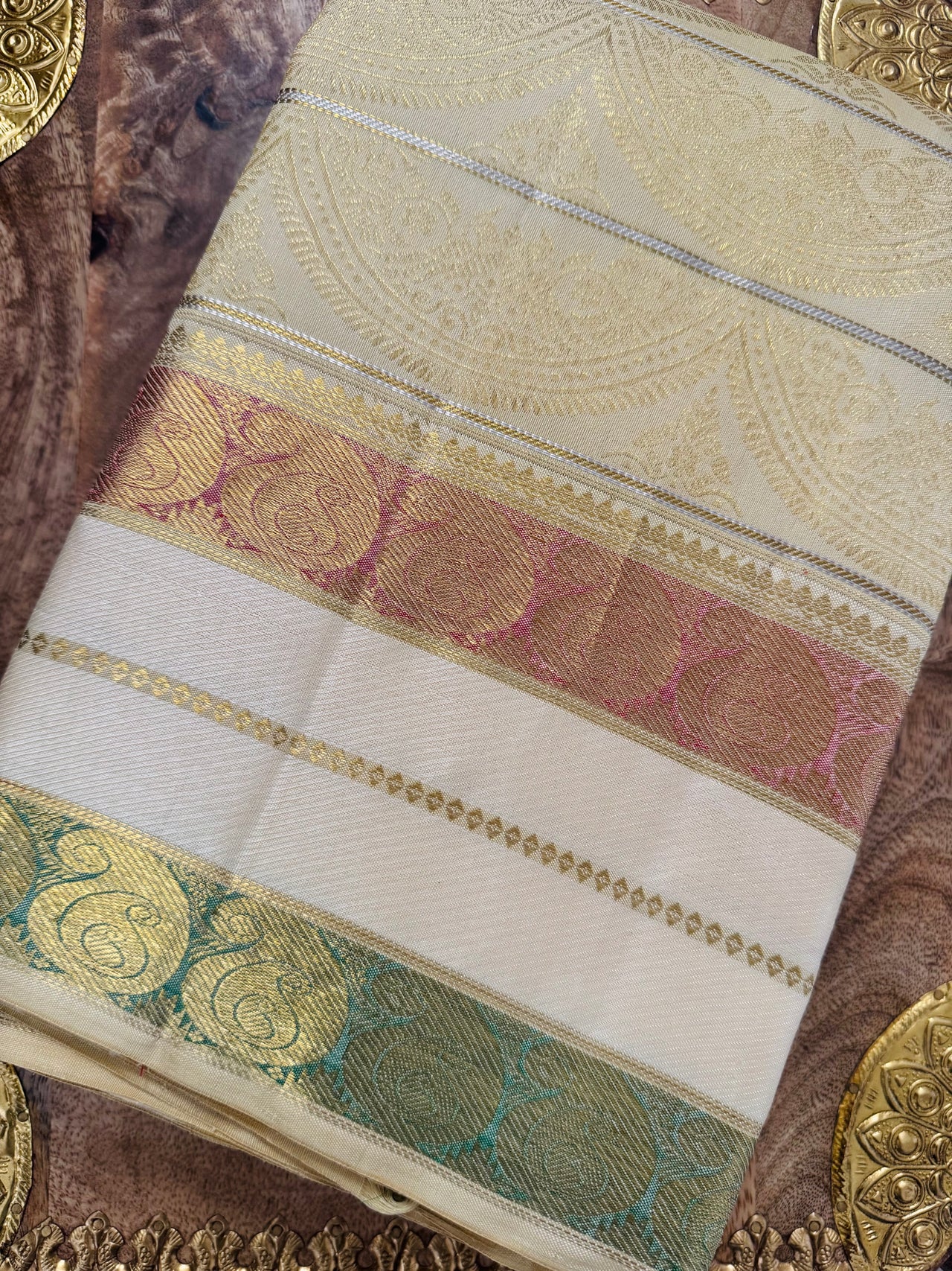 Exclusive Kanchivaram Designer Pure Silk Pure Zari Silk Saree | Beige & Gold | Handwoven | Ships from California