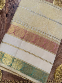 Thumbnail for Exclusive Kanchivaram Designer Pure Silk Pure Zari Silk Saree | Beige & Gold | Handwoven | Ships from California