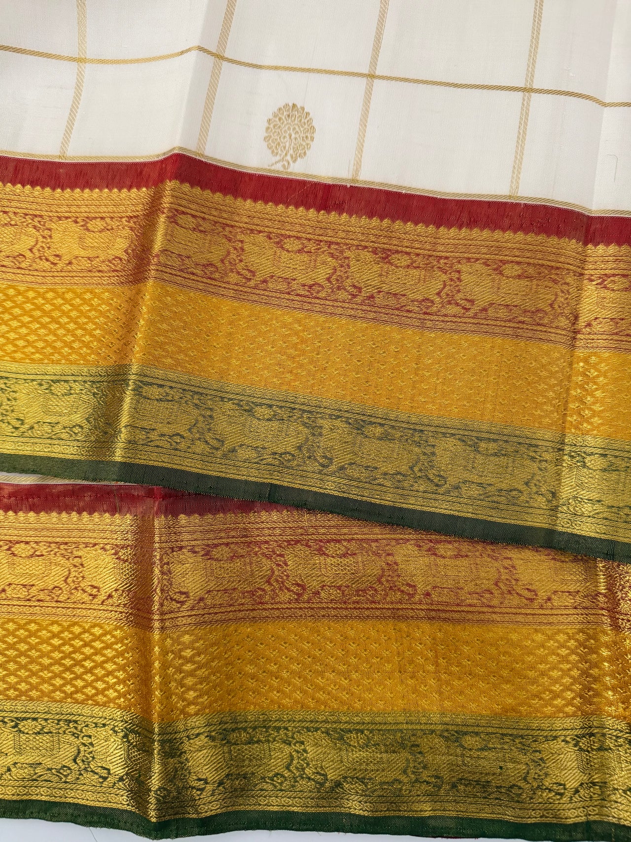 Exclusive Kanchivaram Korvai Pure Silk Pure Zari Silk Saree | Contrast Tissue Border | Off-White | Handwoven | Ships from California