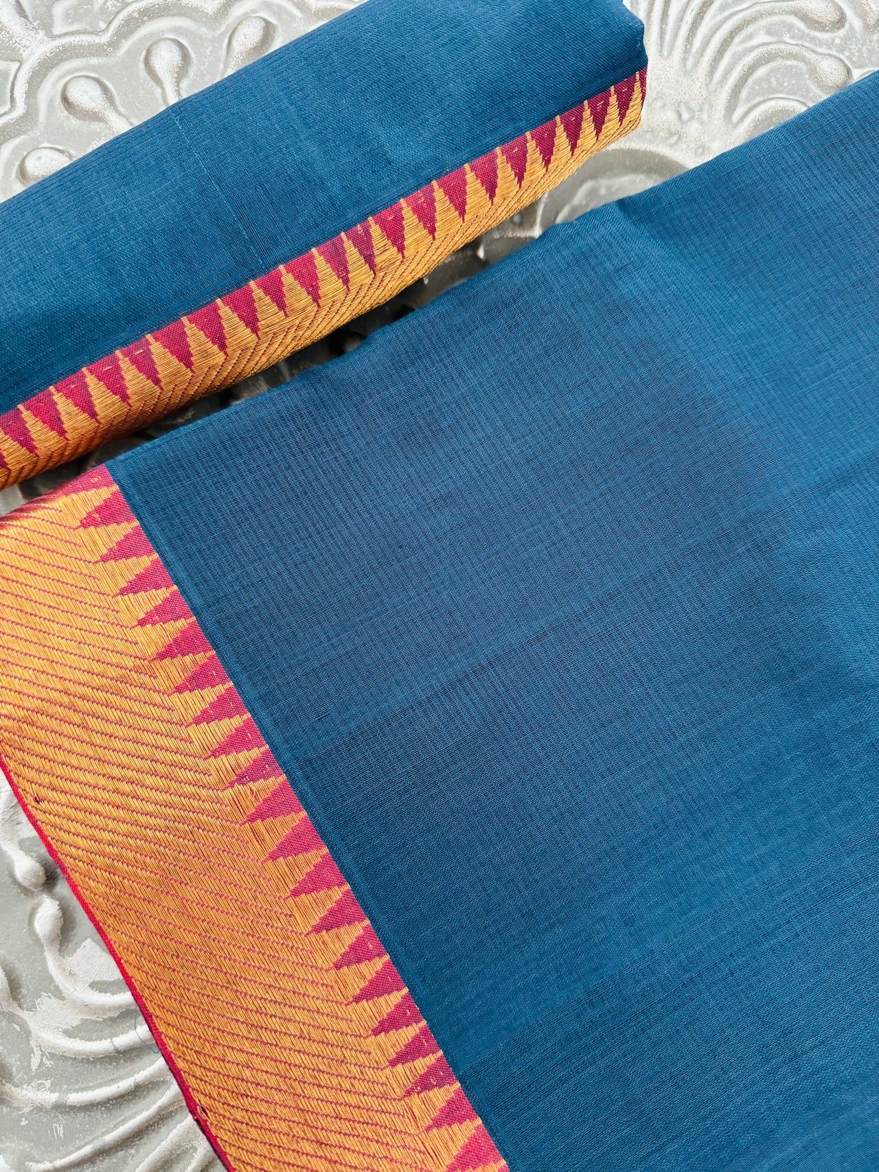 Handwoven Mangalgiri Cotton Saree | Blue | Gold Zari | Handwoven | Ships from California