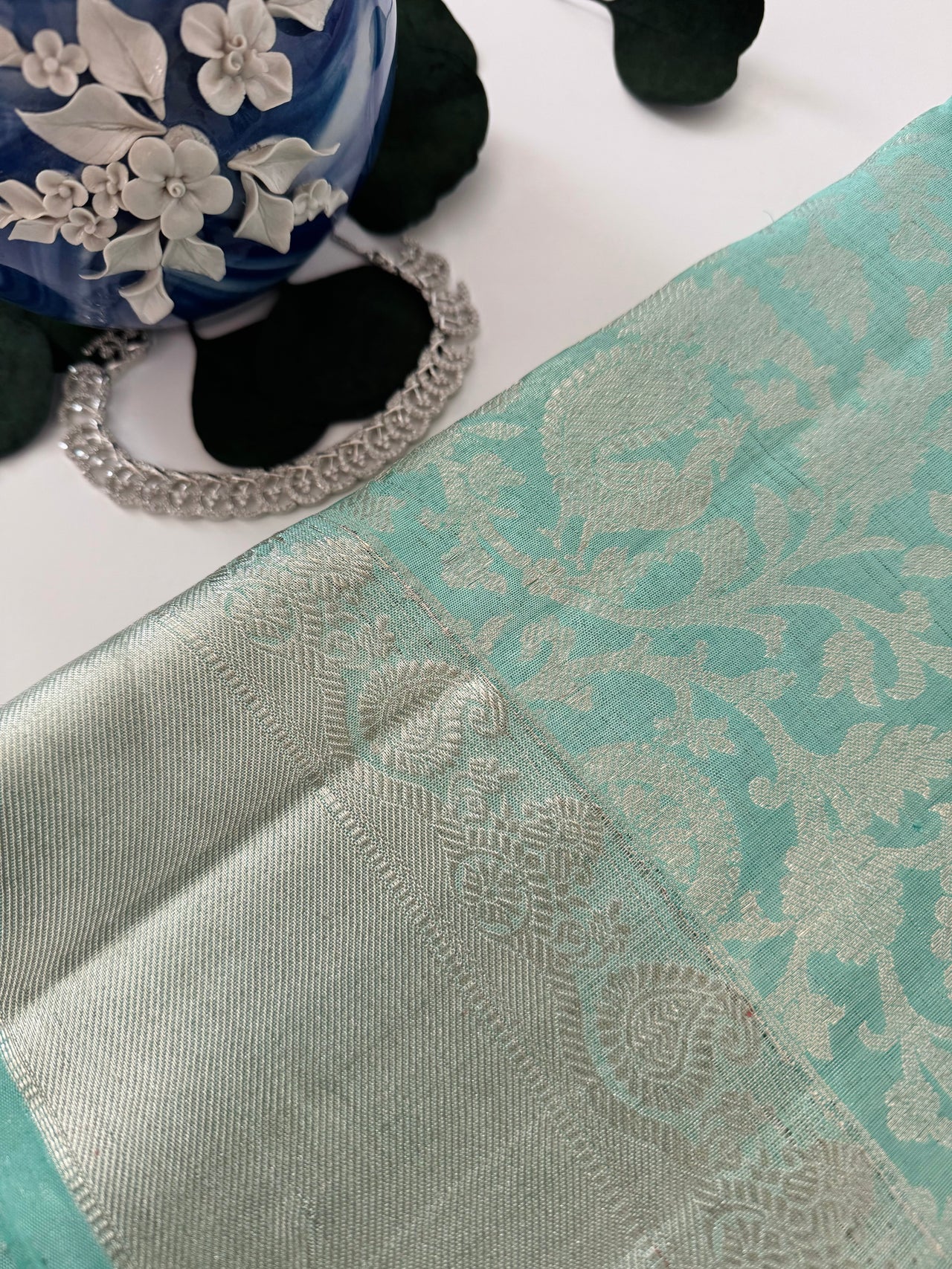 ShopNaya Exclusive | Metallic Kanchipuram Pure Silk Saree | Pastel Cyan Blue | Pure Silver Zari | Handwoven | Ships from California