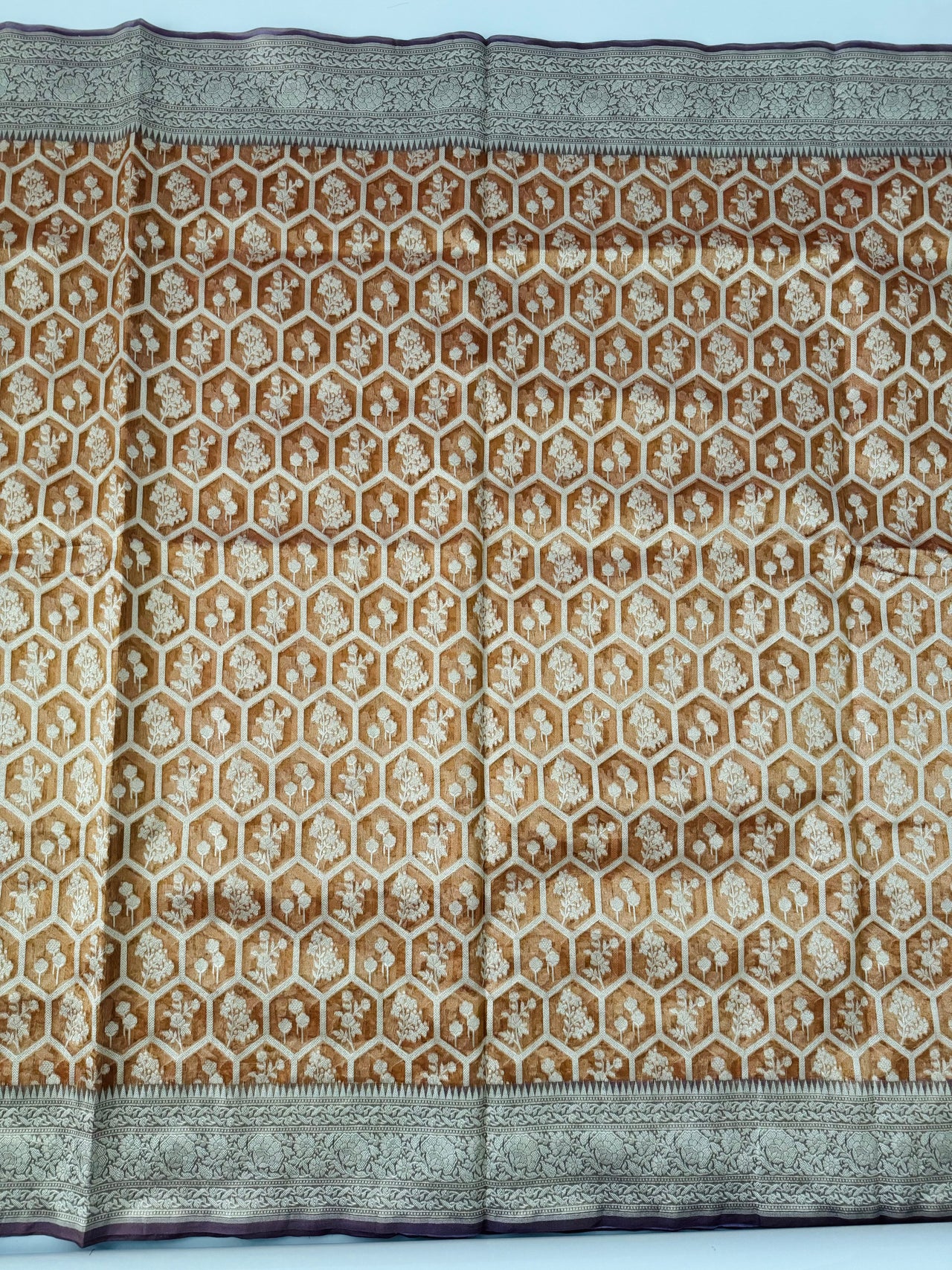 Organza Silk Sari from Banaras | Metallic Rust Orange | Gold Zari | Handwoven | Ships from California
