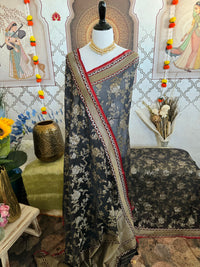 Thumbnail for Pure Cotton Saree from Banaras | Black | Gold & Silver Zari | Kadwa Weave | Handwoven | Ships from California