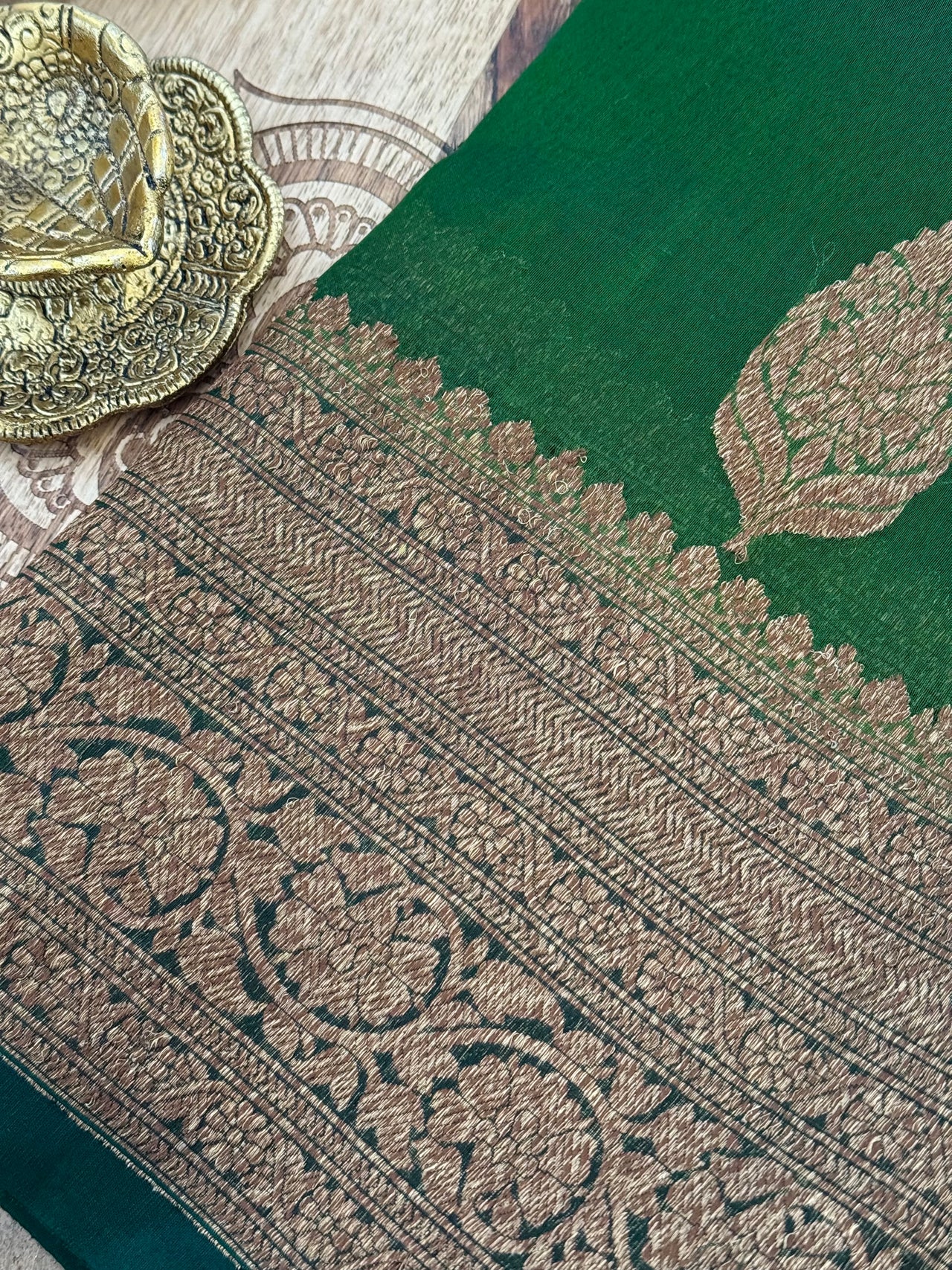 Sheer Lightweight Organza Silk Saree with Tussar Silk Border | Antique Zari | Shade of Forest Green | Handwoven | Ships from California