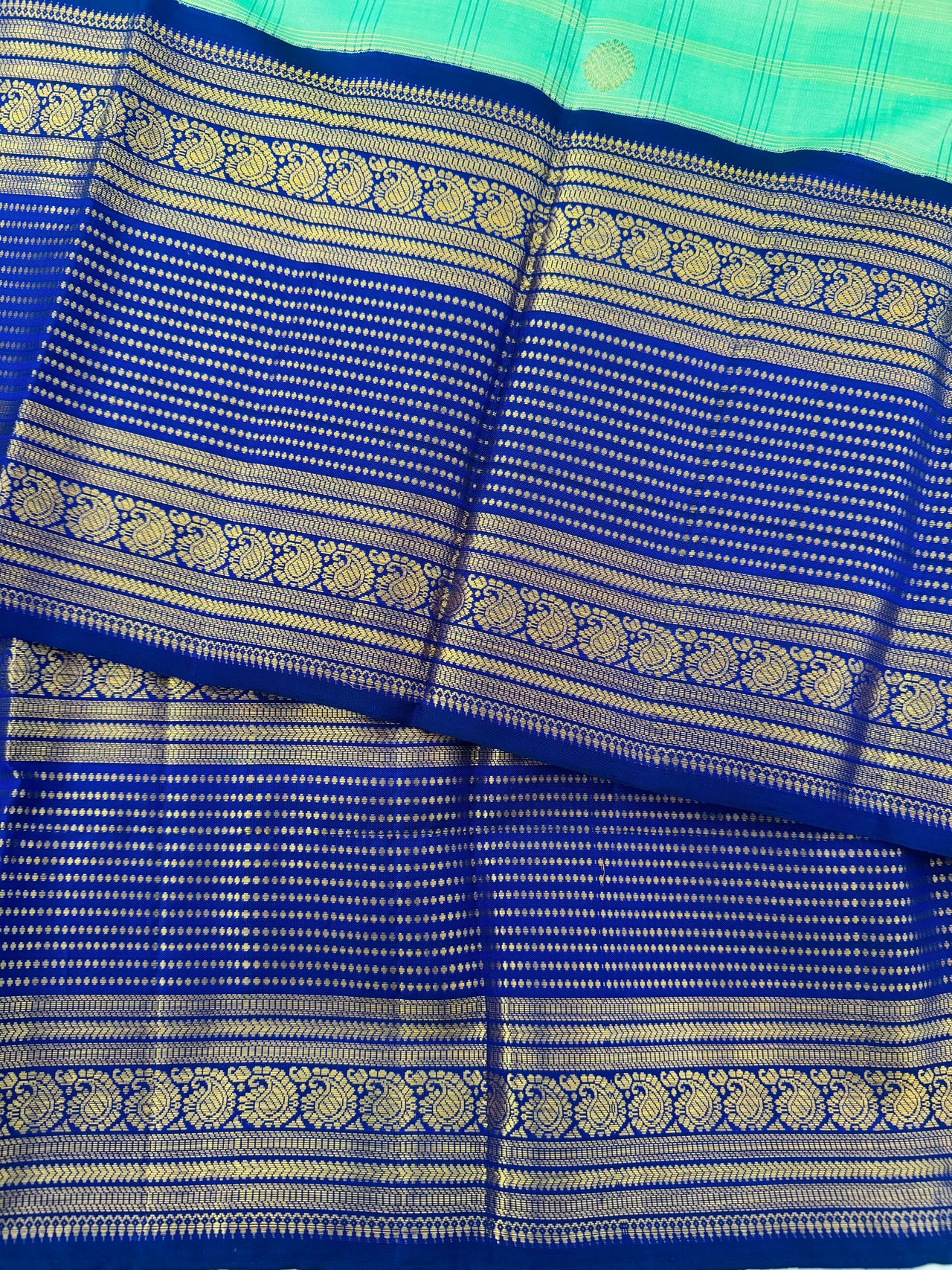 Exclusive Kanchivaram Korvai Pure Silk Pure Zari Silk Saree | Navy Blue & Light Green | Gold Zari | Handwoven | Ships from California