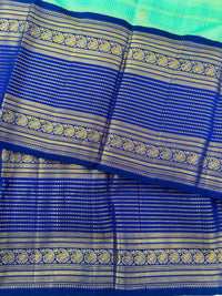 Thumbnail for Exclusive Kanchivaram Korvai Pure Silk Pure Zari Silk Saree | Navy Blue & Light Green | Gold Zari | Handwoven | Ships from California