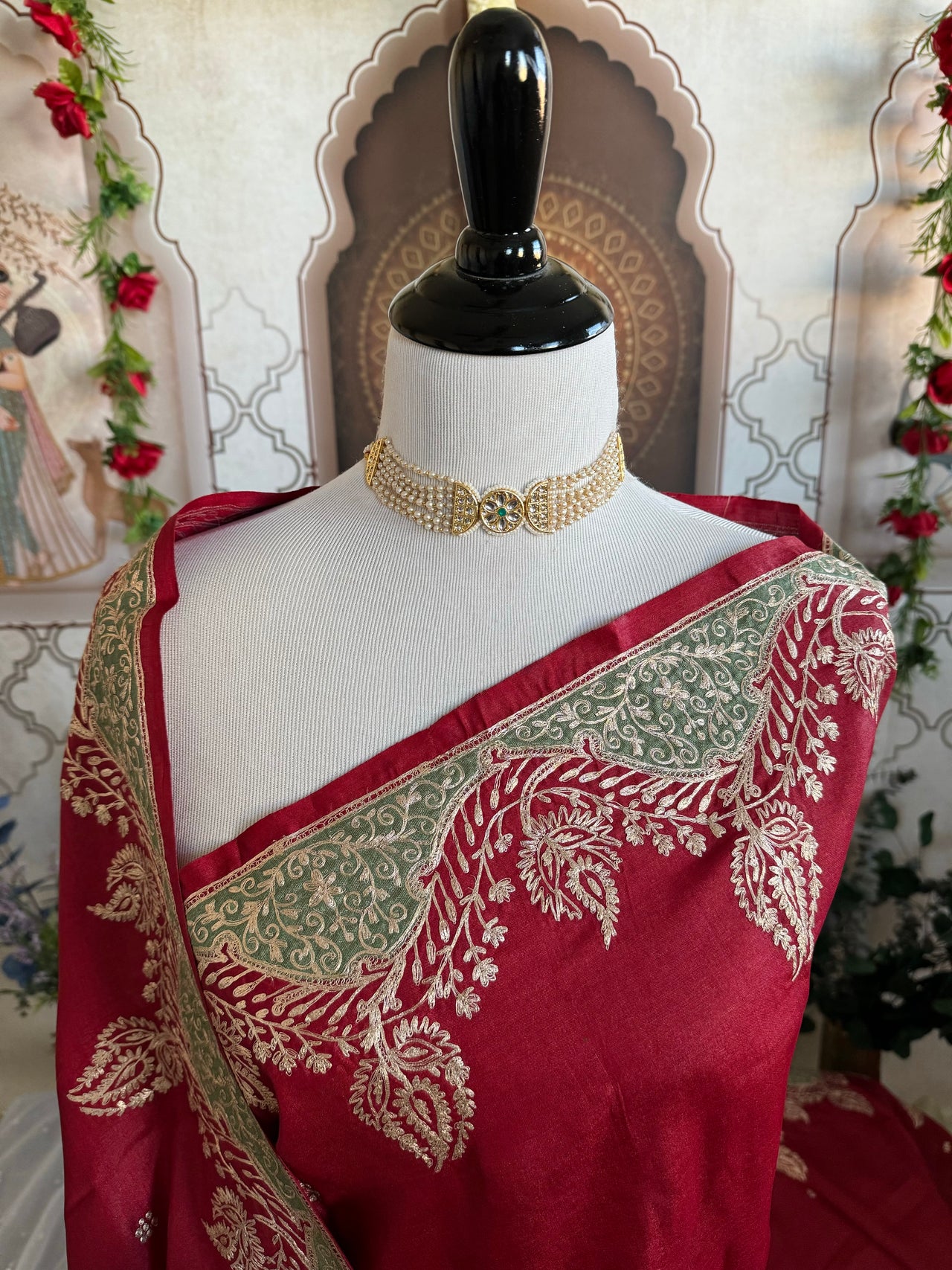 Lightweight Pure Tussar Silk Saree | Zardosi Pita Zari Work | Maroon | Hand Embroidery | Ships from California