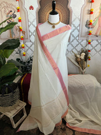 Thumbnail for Handwoven Mangalgiri Cotton Saree | White | Gold Zari | Handwoven | Ships from California