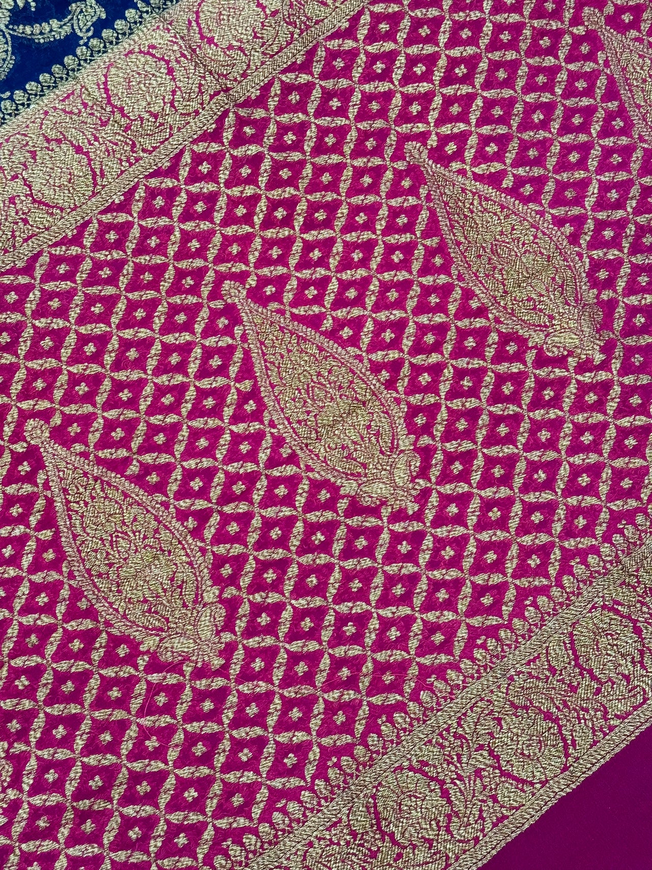 Handwoven Chiffon Saree | Royal Blue & Magenta | Gold Zari | Ships from California