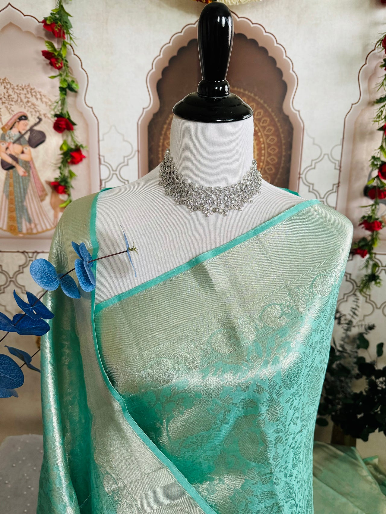 ShopNaya Exclusive | Metallic Kanchipuram Pure Silk Saree | Pastel Cyan Blue | Pure Silver Zari | Handwoven | Ships from California