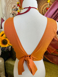 Thumbnail for Ready To Wear Saree Blouse | Handwoven Cotton | Size 34 | Orange | Boat Neck | Free Shipping | Ships from California