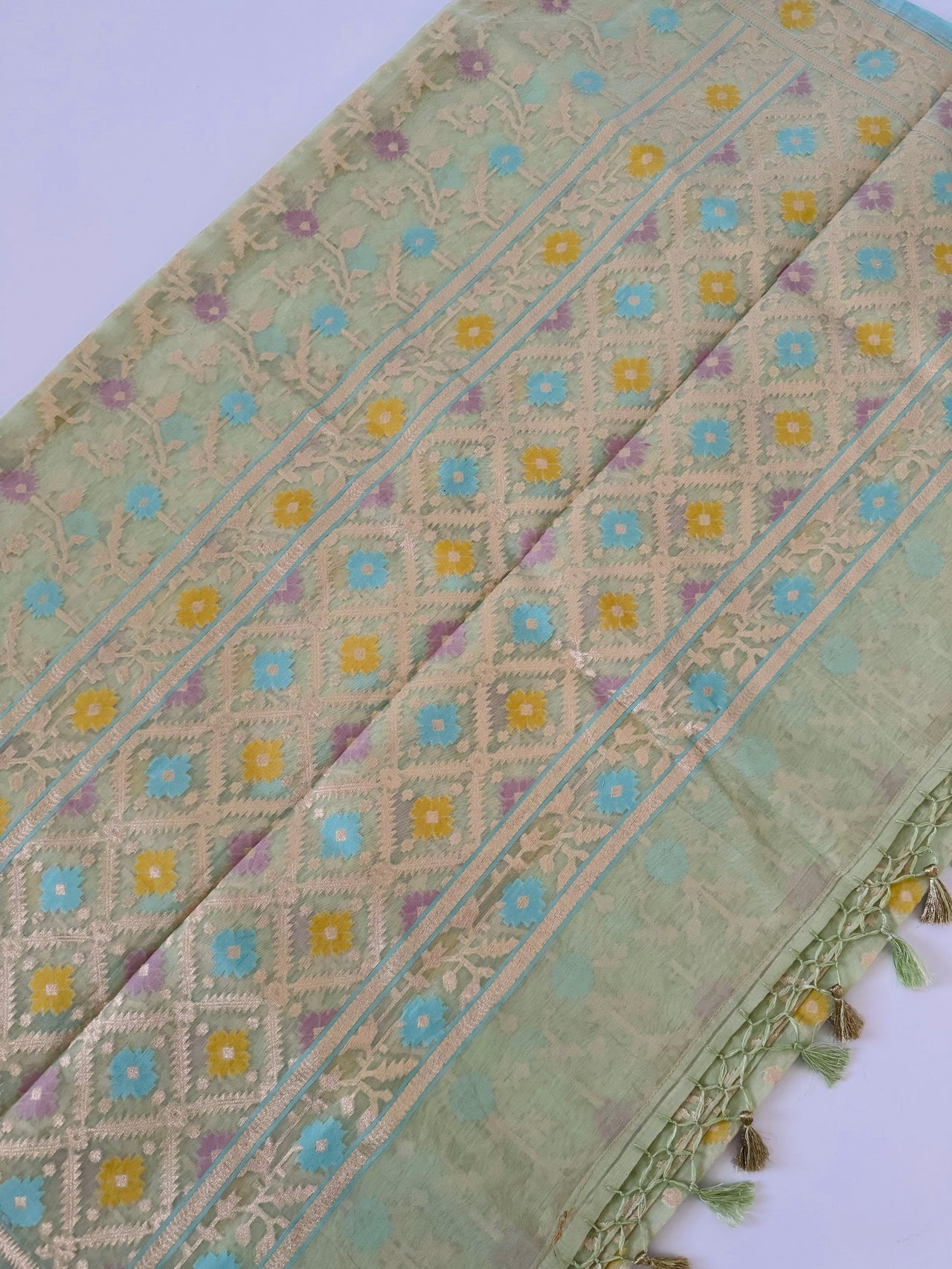Organza & Cotton Patola Saree from Banaras | Light Pistachio Green | Gold Zari | Handwoven | Ships from California