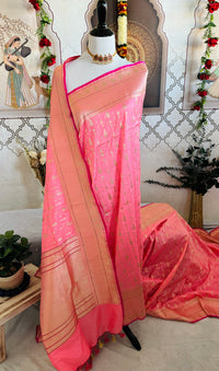 Thumbnail for Banarasi Katan Pure Silk Saree | Bright Salmon Pink | Gold Zari | Handwoven | Silk Mark Certified | Ships from California