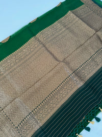 Thumbnail for Sheer Lightweight Organza Silk Saree with Tussar Silk Border | Antique Zari | Shade of Forest Green | Handwoven | Ships from California