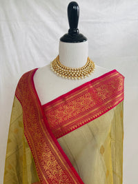 Thumbnail for Chanderi Silk Saree | Handwoven | Silk | Light Moss Green & Pink | Gold Zari | Ships from California