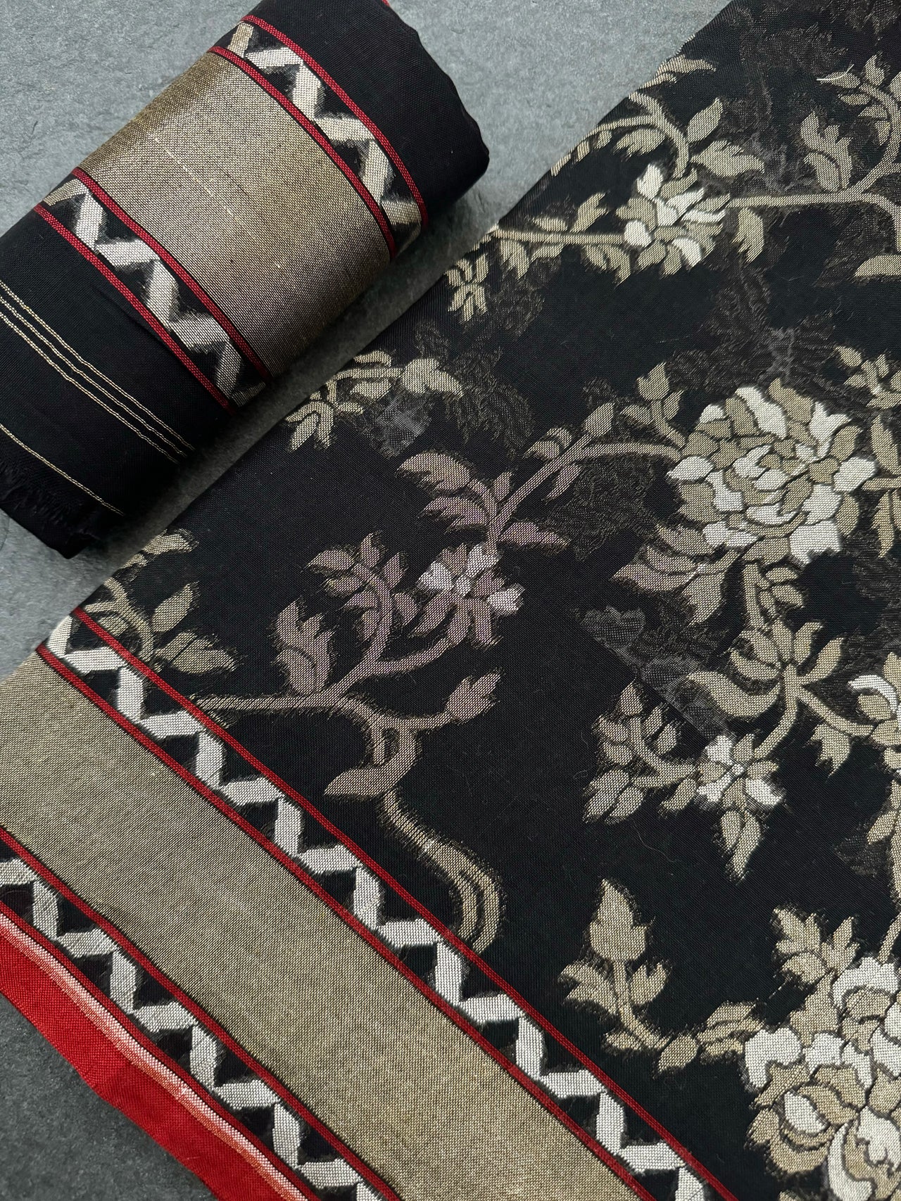 Pure Cotton Saree from Banaras | Black | Gold & Silver Zari | Kadwa Weave | Handwoven | Ships from California
