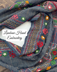 Thumbnail for Lightweight Tribal Lambani Embroidery Pure Tussar Silk Saree | Bluish Gray | Hand Embroidery | Ships from California