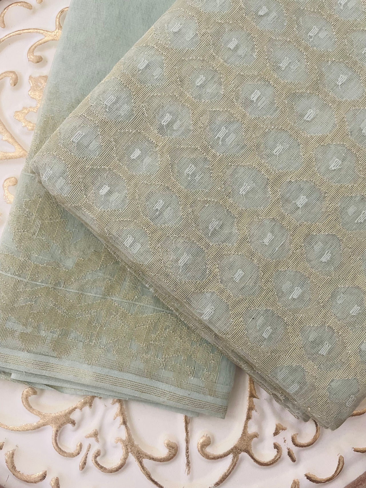Masterpiece Authentic Dhakai Jamdani Muslin Saree from Bangladesh | Handwoven | Light Sage Green | Ships from California