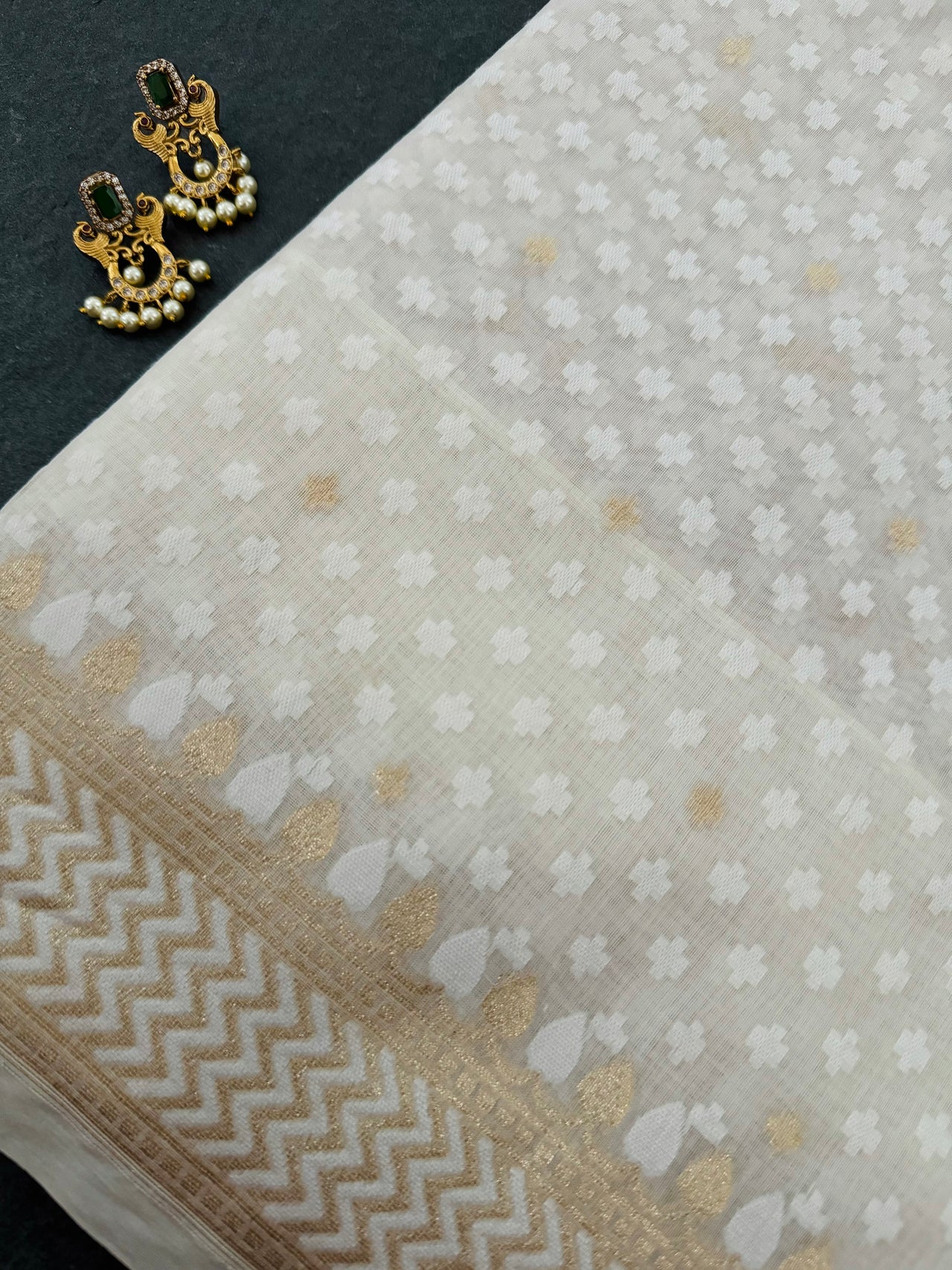 Banarasi Cotton Patola Saree | Off-White | Gold Zari | Handwoven | Ships from California