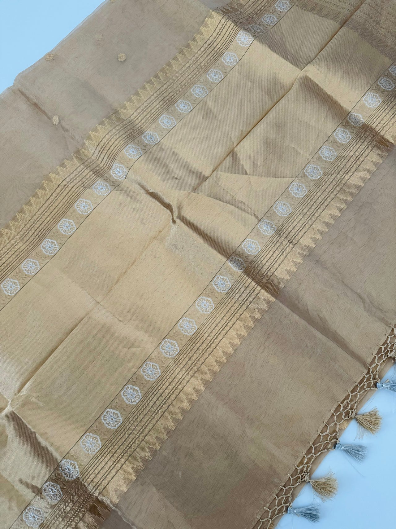 Banarasi Kora Tissue Organza Silk Saree | Golden Beige | Gold Zari | Handwoven | Ships from California