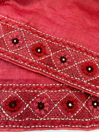 Thumbnail for Lightweight Kutch Mirror Embroidery Pure Tussar Silk Saree | Shade of Light Vermillion Red | Hand Embroidery | Ships from California