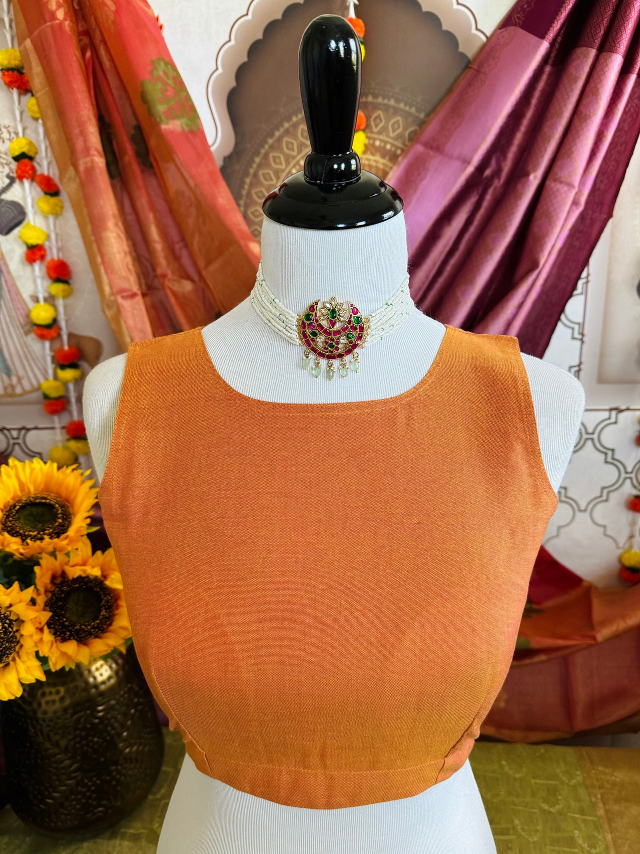 Ready To Wear Saree Blouse | Handwoven Cotton | Size 34 | Orange | Boat Neck | Free Shipping | Ships from California