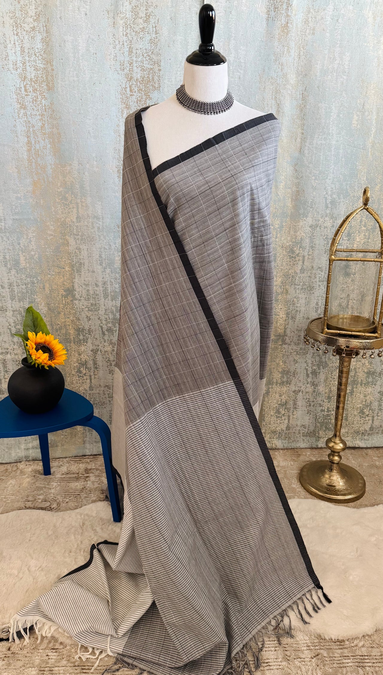 ShopNaya Exclusive | Handwoven | Contemporary Pure Cotton Saree | No Blouse | Gray & Black | Handloom Mark | Ships from California