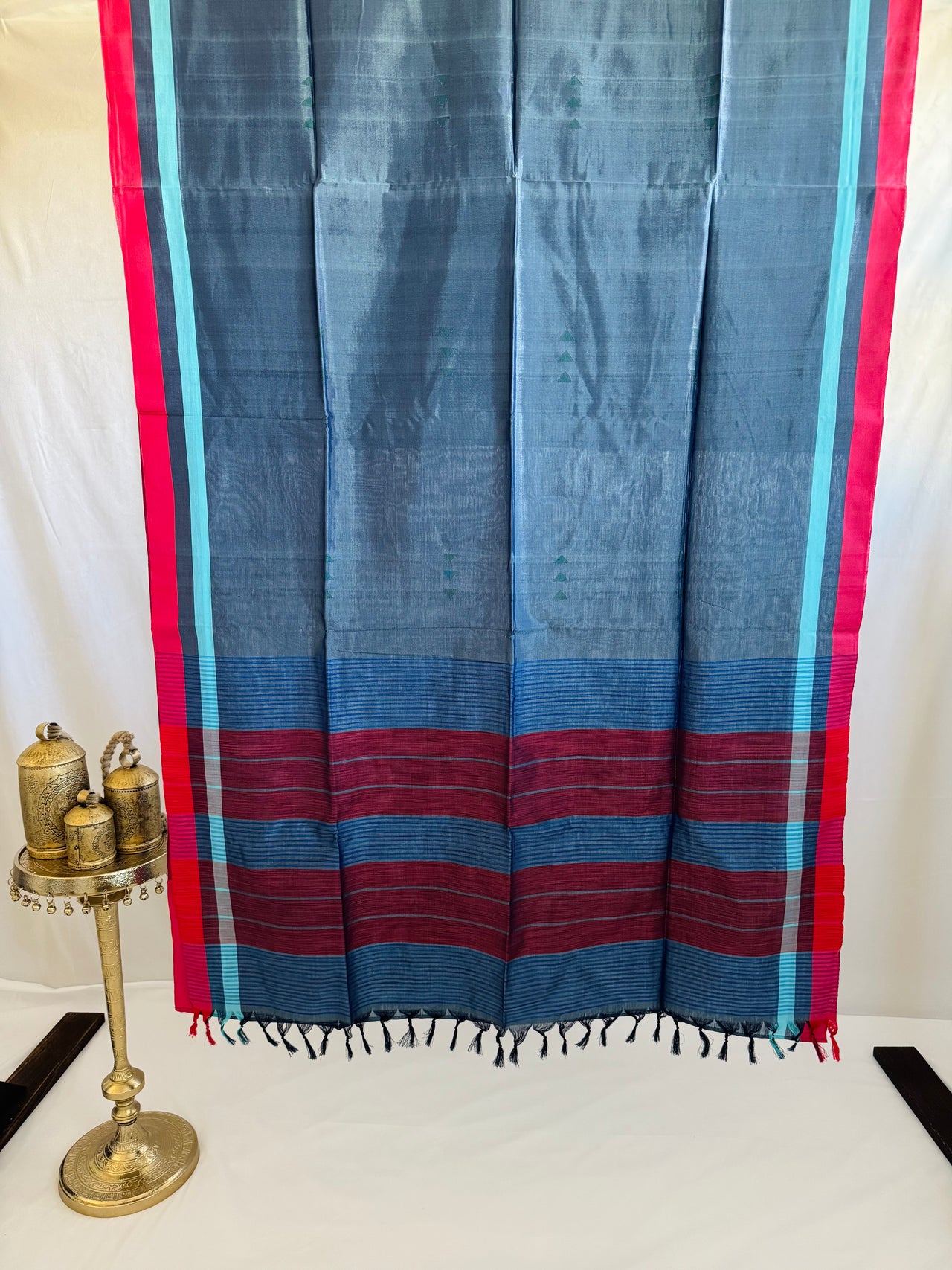 ShopNaya Exclusive | Handwoven | Pure Cotton Saree | Jamdani Weave | No Blouse | Metallic Blue Gray | Thread Work | Handloom Mark | Ships from California