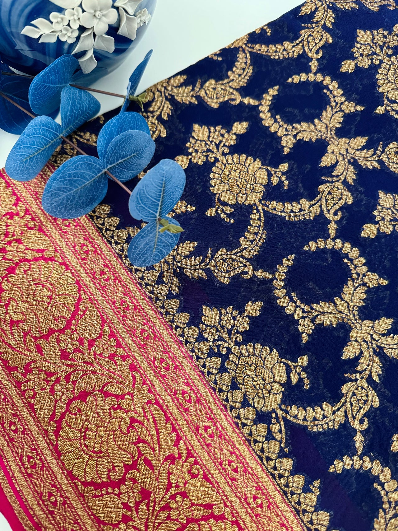 Handwoven Chiffon Saree | Royal Blue & Magenta | Gold Zari | Ships from California