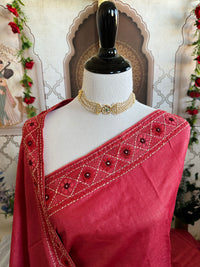 Thumbnail for Lightweight Kutch Mirror Embroidery Pure Tussar Silk Saree | Shade of Light Vermillion Red | Hand Embroidery | Ships from California