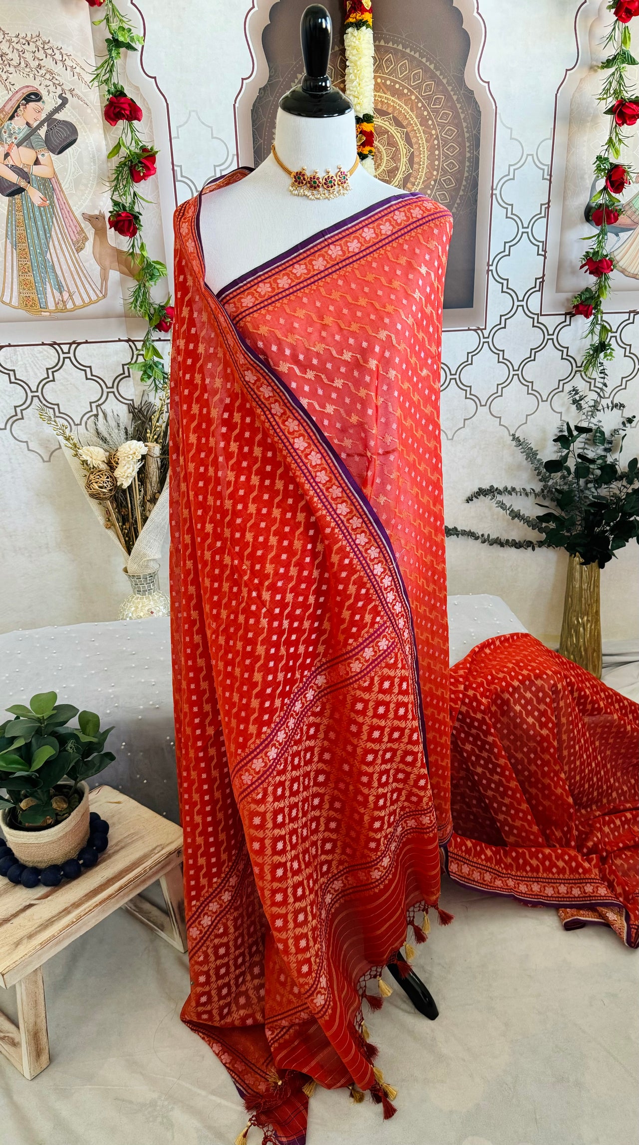 Banarasi Pure Cotton Saree | Red | Gold Zari | Handwoven | Ships from California