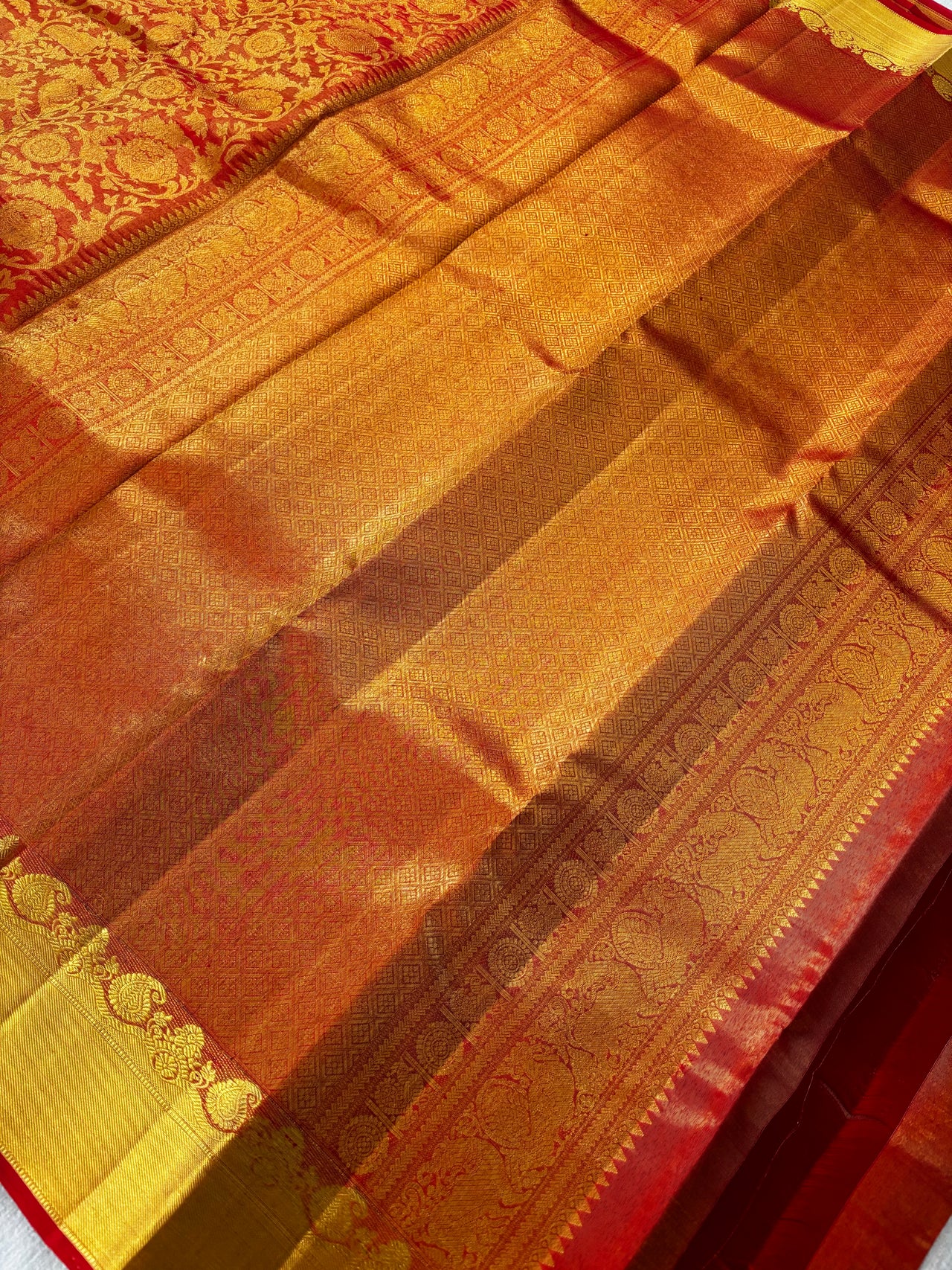 ShopNaya Exclusive | Metallic Brocade Kanchipuram Pure Silk Saree | Red | Pure Gold Zari | Handwoven | Ships from California