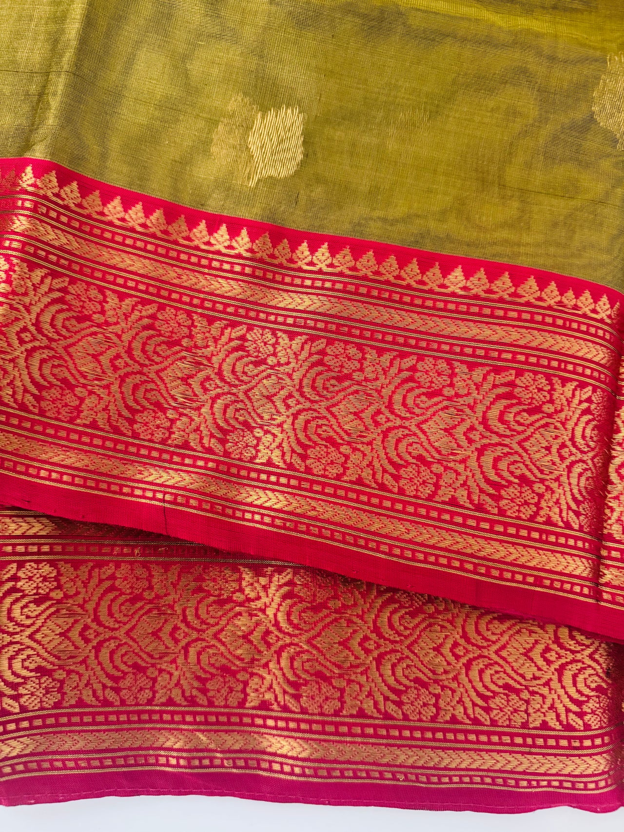 Chanderi Silk Saree | Handwoven | Silk | Light Moss Green & Pink | Gold Zari | Ships from California