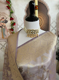 Thumbnail for Banarasi Tissue Silk Alfi Saree | Light Greyish Purple | Gold & Silver Zari | Handwoven | Silk Mark Certified | Ships from California