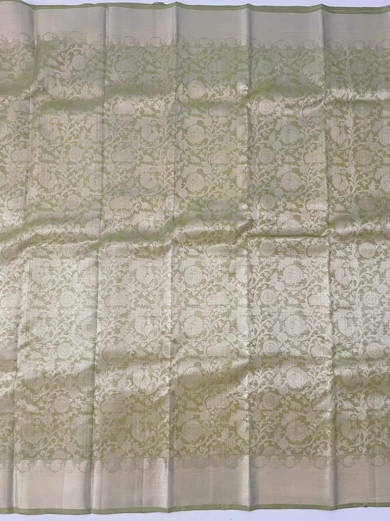 ShopNaya Exclusive | Metallic Kanchipuram Pure Silk Saree | Pastel Green | Pure Silver Zari | Handwoven | Ships from California