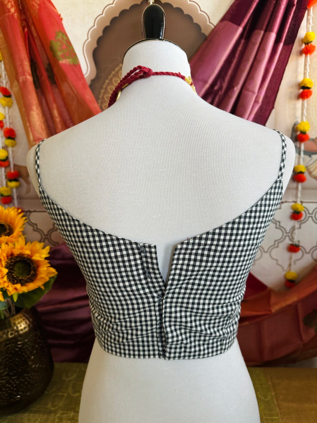 Ready To Wear Saree Blouse | Handwoven Cotton | Size 34 | Black and White Checks | Sphagetti Strap | Free Shipping | Ships from California