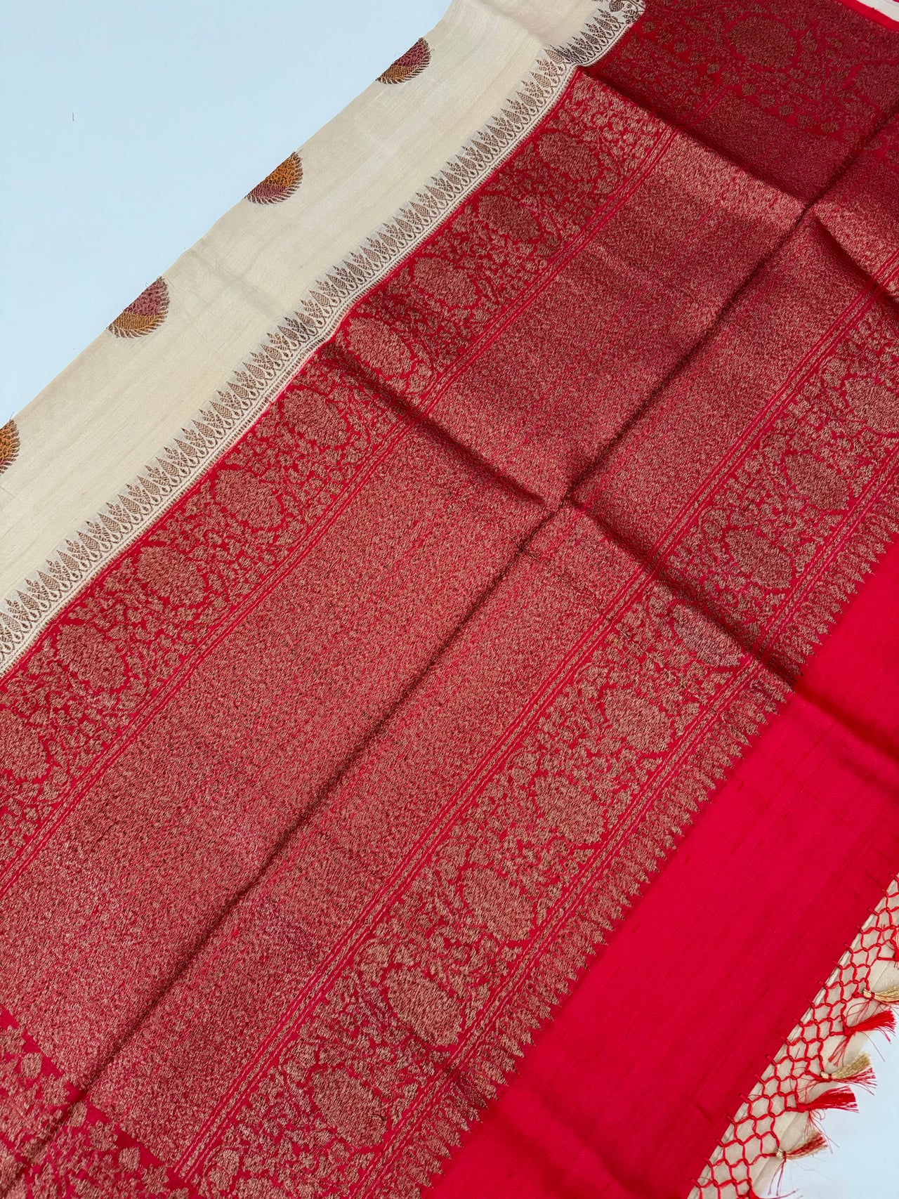 Lightweight Tussar Silk Saree | Antique Zari | Beige | Hand Brushed | Handwoven | Ships from California