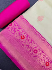 Thumbnail for Banarasi Katan Pure Silk Saree | Light Pistachio Green & Pink | Gold Zari | Handwoven | Silk Mark Certified | Ships from California