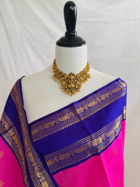 Thumbnail for Exclusive Kanchivaram Korvai Pure Silk Pure Zari Silk Saree | Bubblegum Pink & Purple | Gold Zari | Handwoven | Ships from California