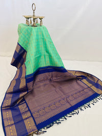 Thumbnail for Exclusive Kanchivaram Korvai Pure Silk Pure Zari Silk Saree | Navy Blue & Light Green | Gold Zari | Handwoven | Ships from California