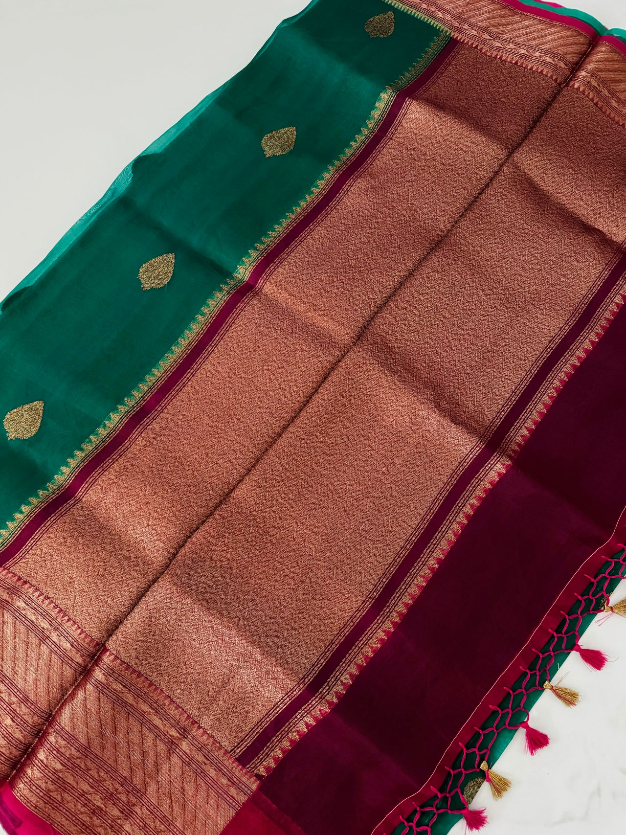 Sheer Lightweight Organza Silk Saree with Tussar Silk Border | Antique Zari | Shade of Peacock Green | Handwoven | Ships from California