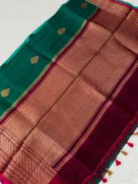 Thumbnail for Sheer Lightweight Organza Silk Saree with Tussar Silk Border | Antique Zari | Shade of Peacock Green | Handwoven | Ships from California