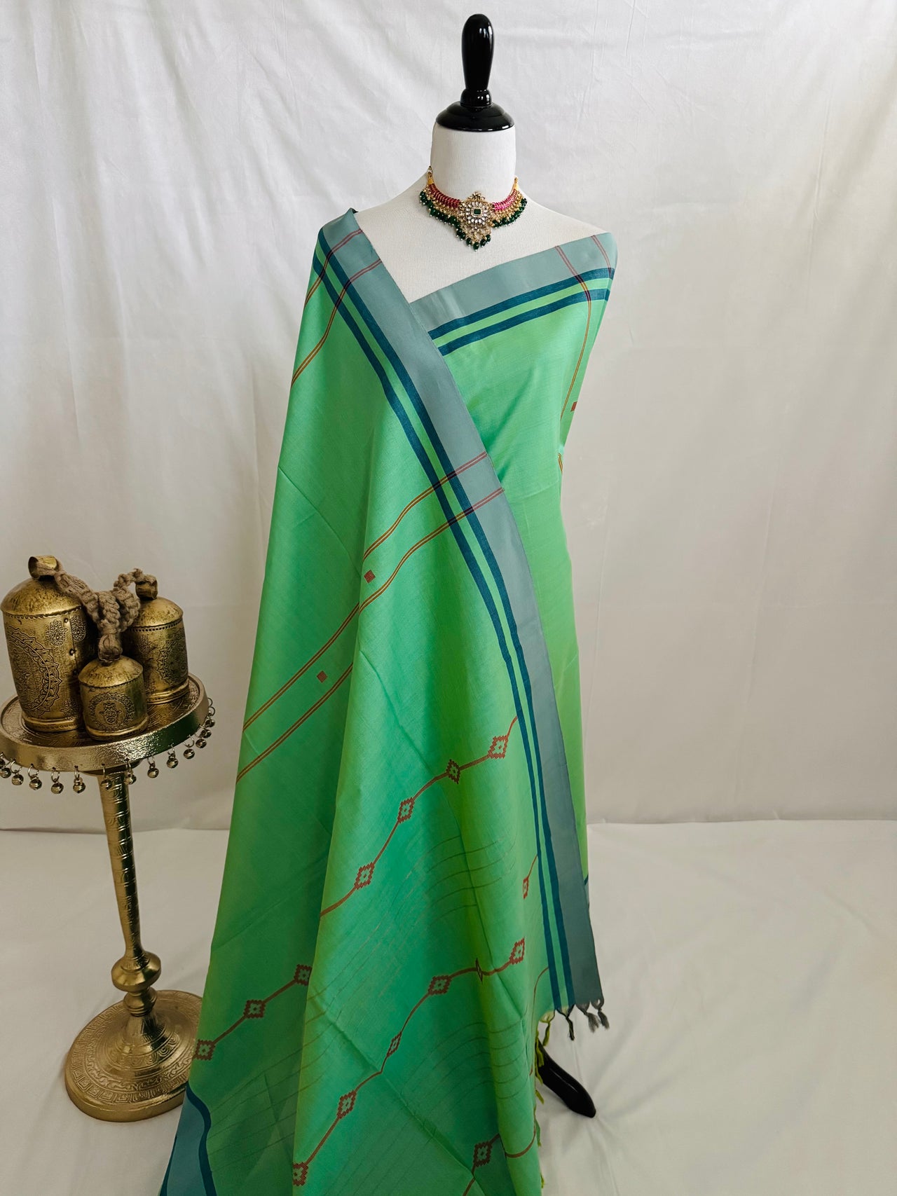 ShopNaya Exclusive | Handwoven | Pure Cotton Saree | Jamdani Weave | No Blouse | Light Lime Green | No Zari | Ships from California
