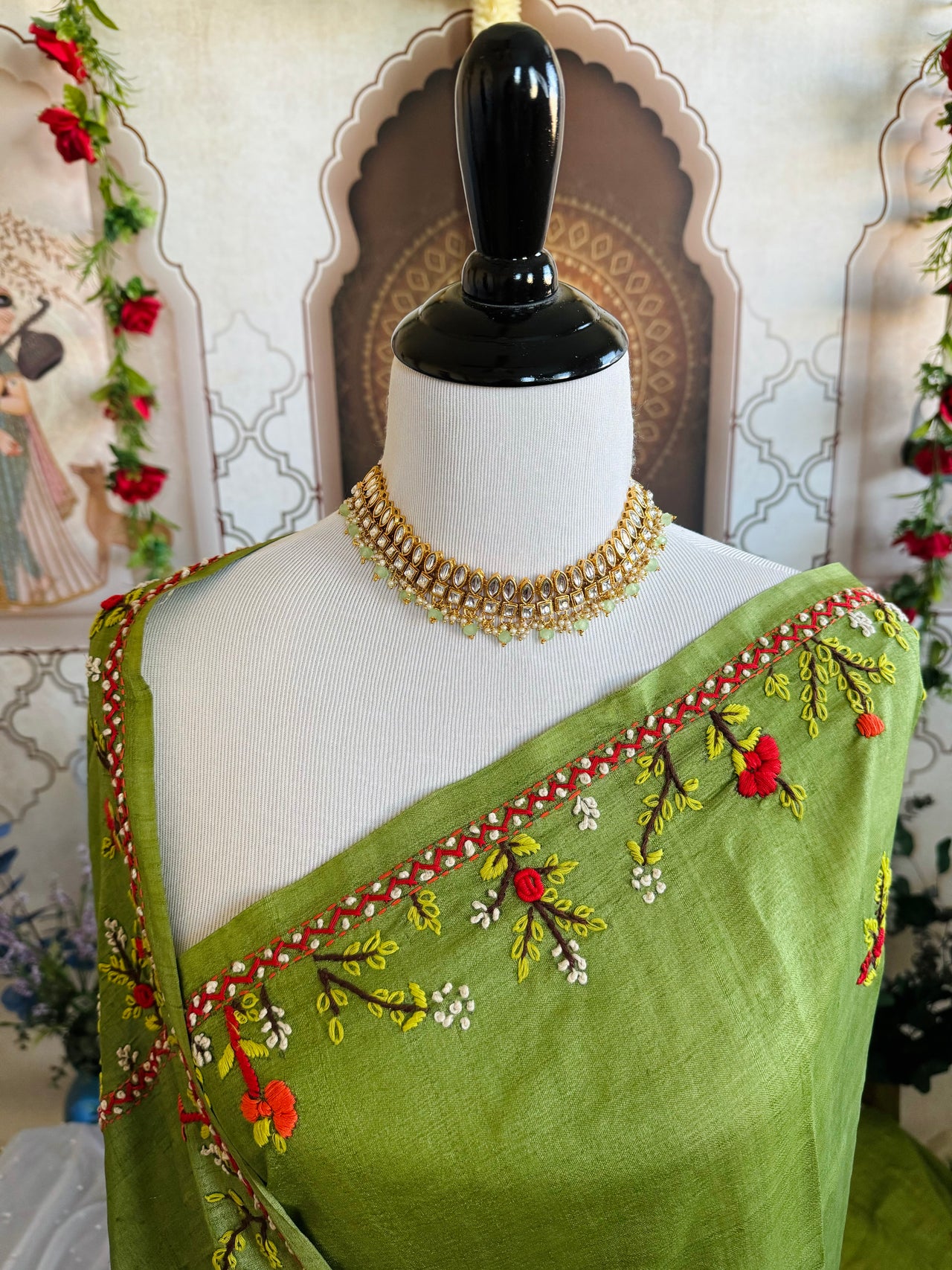 Lightweight Tribal Lambani Embroidery Pure Tussar Silk Saree | Light Moss Green | Hand Embroidery | Ships from California