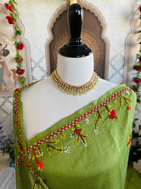 Thumbnail for Lightweight Tribal Lambani Embroidery Pure Tussar Silk Saree | Light Moss Green | Hand Embroidery | Ships from California