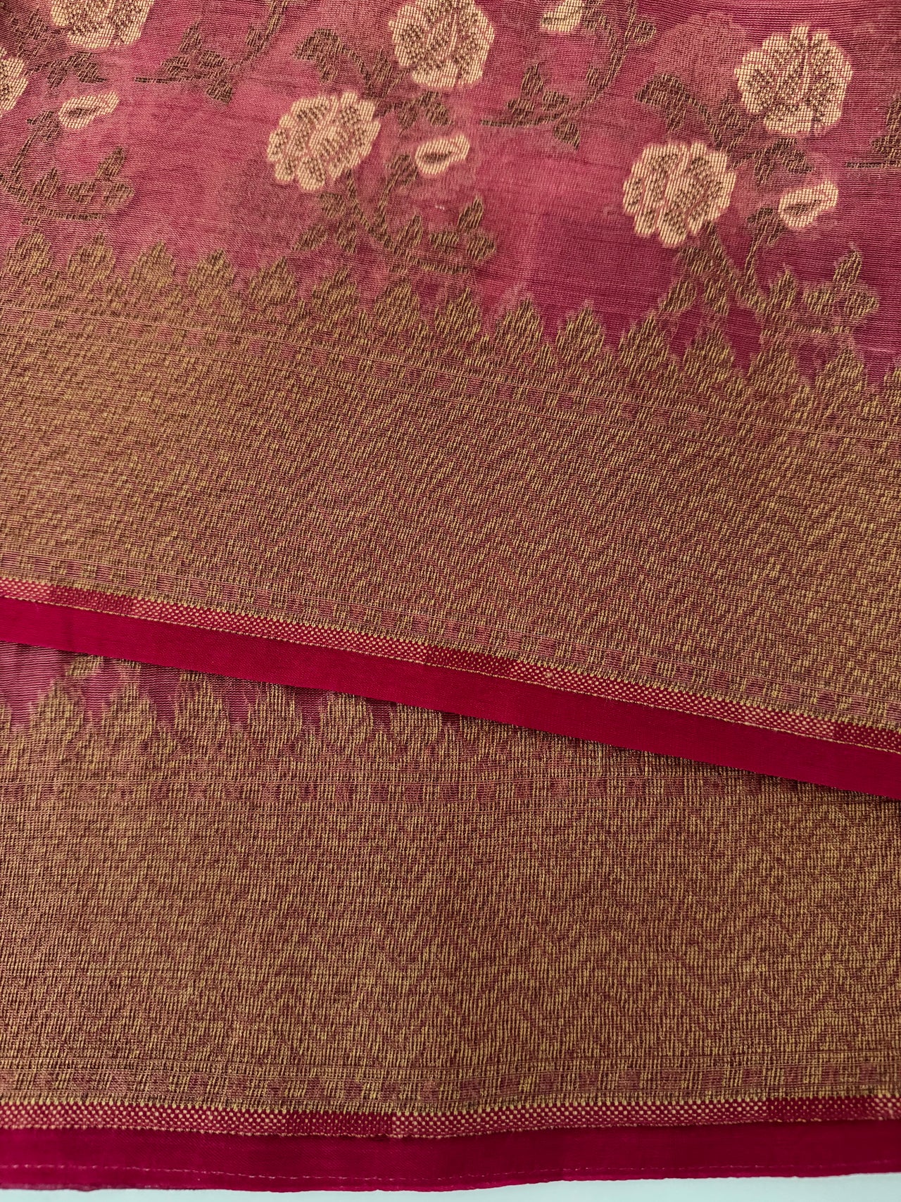 Tissue Silk and Tussar Silk Saree | Antique Zari | Onion Pink | Handwoven | Ships from California