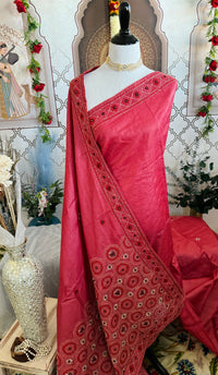 Thumbnail for Lightweight Kutch Mirror Embroidery Pure Tussar Silk Saree | Shade of Light Vermillion Red | Hand Embroidery | Ships from California