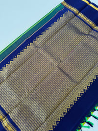 Thumbnail for Kanchipuram Pure Silk Pure Zari Korvai Saree | Purple & Chartreuse | Contrast Border | Handwoven | Ships from California