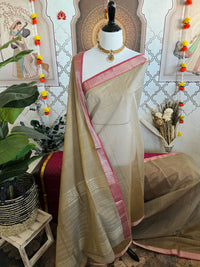 Thumbnail for Handwoven Mangalgiri Cotton Saree | Light Brown | Gold & Silver Zari | Handwoven | Ships from California