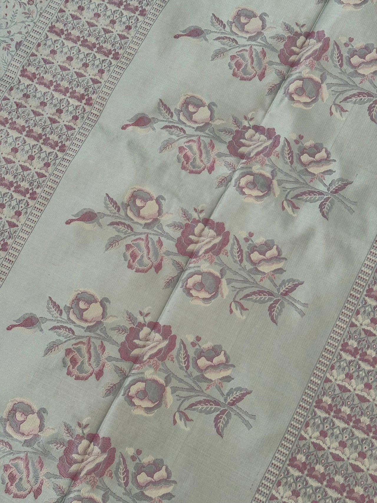 Satin Silk Saree from Banaras| Tanchoi weave | Light Gray Green | Handwoven | No Zari | Silk Mark Certified | Ships from California
